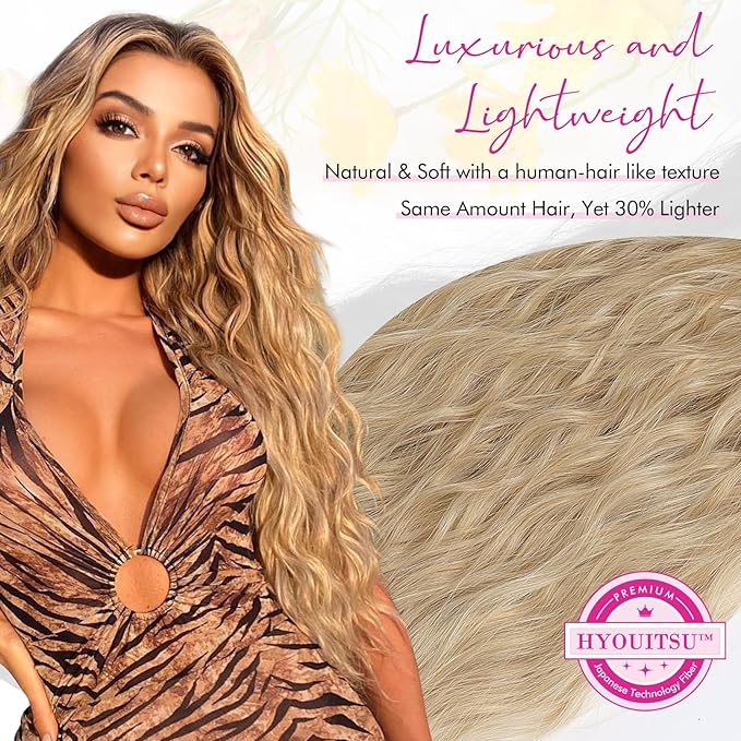 REECHO Hair Extensions, 9PCS Blonde Clip in Hair Extensions 24" Thick Long Mini Mermaid Wave Luxurious Lightweight Japanese Technology HYOUITSU Fiber Invisible Soft Lace Weft - HE009 Champagne Blonde