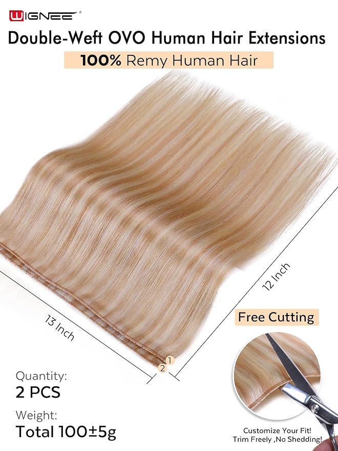 WIGNEE Double layer PU OVO Strawberry Highlight Blonde Weft Hair Extensions Human Hair with Beads 100% Real Remy Human Hair Extensions Glueless 12 Inch Weft(18/613)