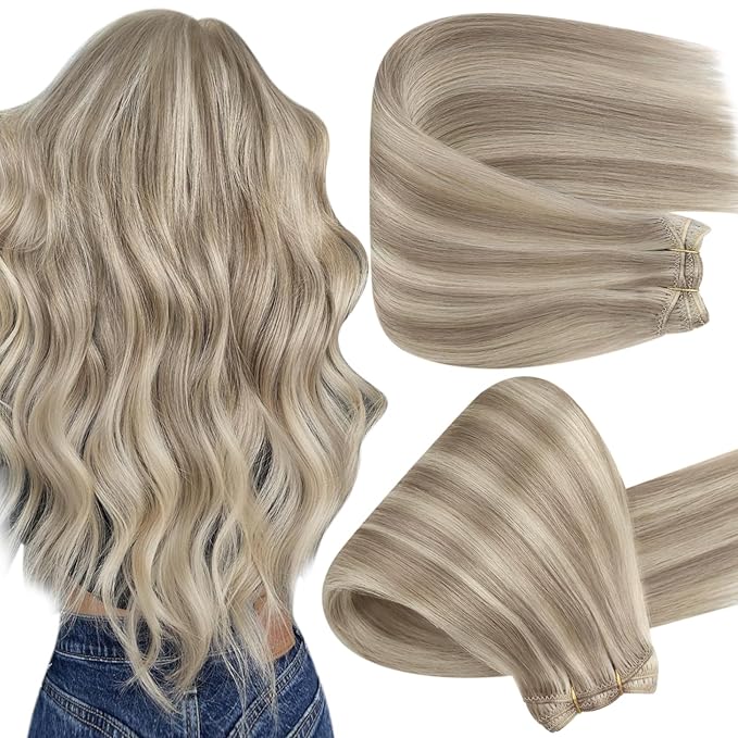 Full Shine Sew In Hair Extensions Ash Blonde Extensions 130 Grams Color #P18/613 Ash Blonde Highlight Bleach Blonde Double Weft Human Hair 22 Inch Straight Human Hair Bundles