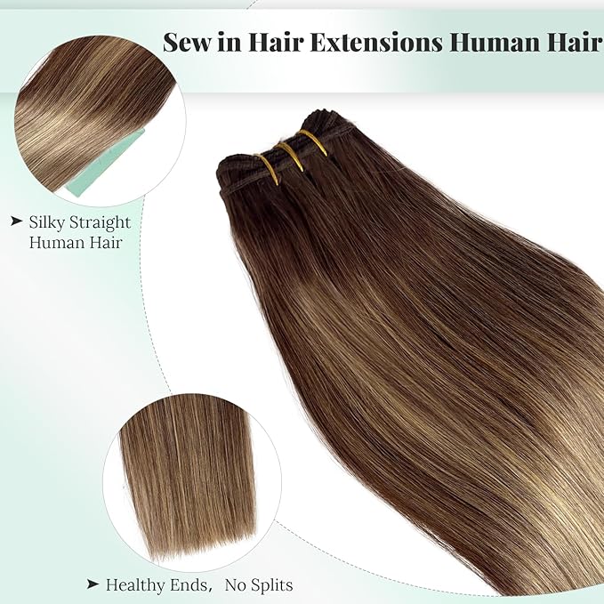 Sew in Hair Extensions Real Human Hair Medium Brown Mixed Caramel Blonde Balayage Weft Hair Extensions Human Hair 18 inch 100G Straight Bundle Double Weft Sew in Wefts Brown with Blonde Highlights