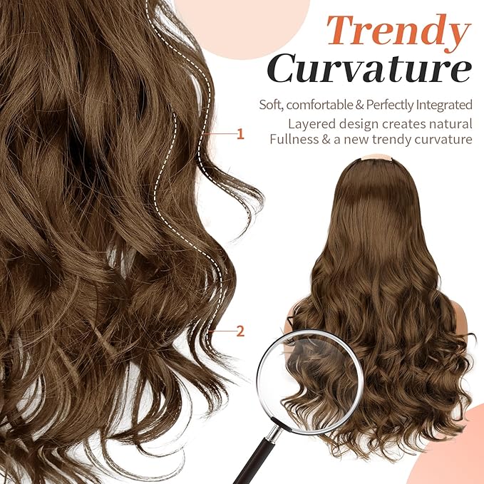 Kookastyle clip in hair extensions 4 pcs natural long Synthetic wavy curly hairpieces Layered soft invisible for women Chestnut Brown 20 inch