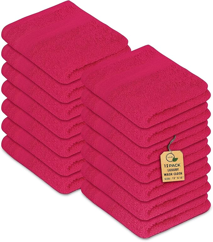 Premium Wash Cloths Pack of 12 (13" x 13") 100% Ring Spun Cotton | Luxury Washcloths | Ultra Soft Face Towels | Highly Absorbent Wash Cloths for face (Raspberry)