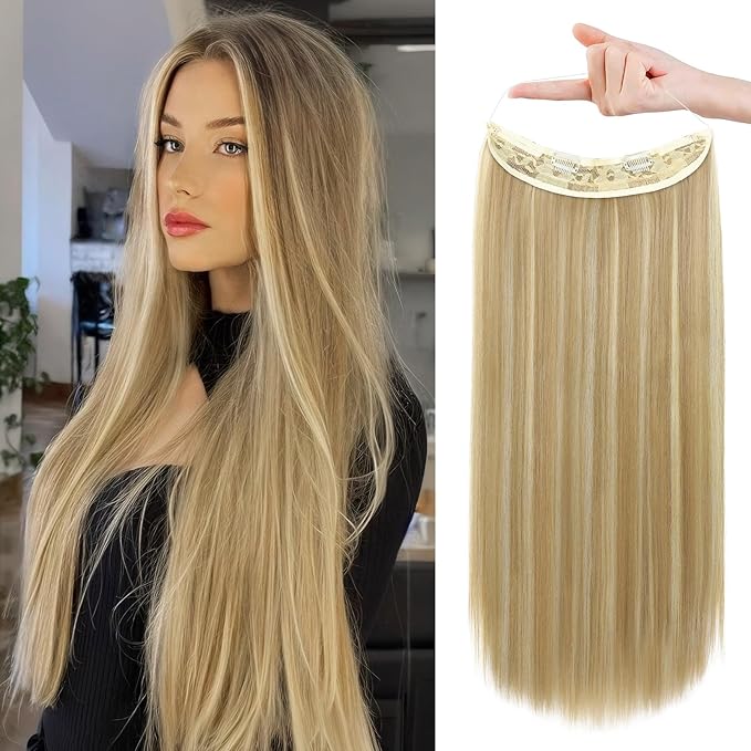 REECHO Invisible Wire Hair Extensions with Transparent Headband Adjustable Size Removable Secure Clips in Straight Secret Hairpiece for Women (20 Inch, Golden Blonde with Highlights)
