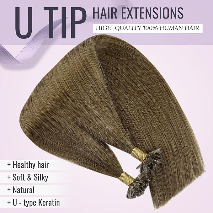 Fshine Middle Brown Nail Tip Human Hair Extensions 14 Inch Keratin Bondings Hair Extensions Soft Human Hair Chocolate Brown U Tip Hair Extensions Straight Hair 40g/50s
