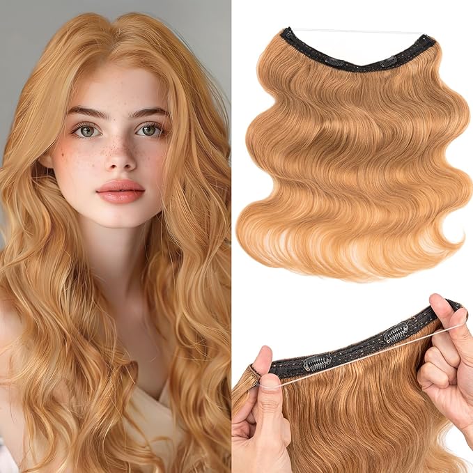 Halo Hair Extensions Real Human Hair,Halo Hair Extension 100% Human Hair,Wire Hair Extensions,Wavy 27 Dark Blonde 65g/18inch