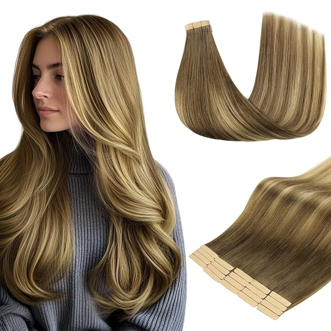 DOORES Tape in Hair Extensions Human Hair, Medium Brown Highlighted Dirty Blonde 12 Inch 20pcs 40g, Human Hair Extensions Natural Seamless Straight