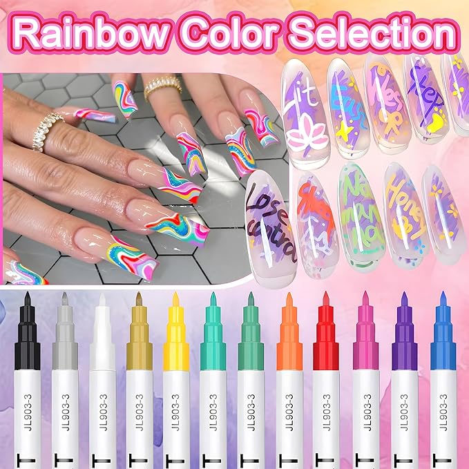 Nail Art Marker Pens, 12 Colors 0.7mm Nail Art Pens Nail for Painting Nail Point Graffiti Dotting Liner Pen for Home Salon Quick Dry Manicure