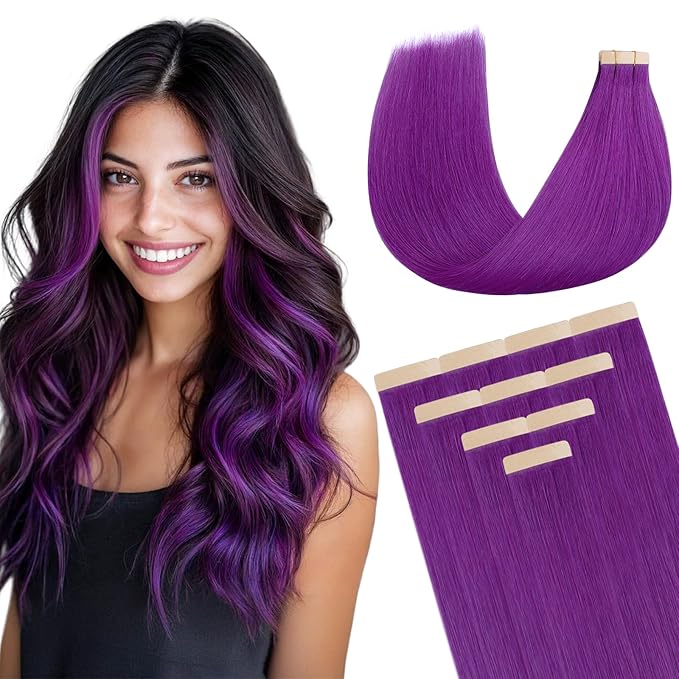 DOORES Human Hair Extensions Tape in, Purple 14 Inch 25g 10pcs, Tape in Hair Extensions Natural Hair Straight Skin Weft Remy Hair Extensions