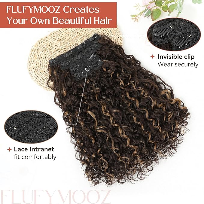 FLUFYMOOZ Clip in Hair Extensions, 18'' 4PC 100％ Pure Protein Silk Curly Hair extension for Women Lace Weft Hairpiece Natural Soft and comfortable for Daily Use-Brown with Deep Blonde Highlights