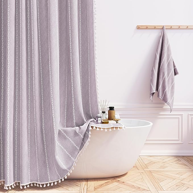 BTTN Extra Long Shower Curtain, 72x96 Long Striped Boho Chic Linen Fabric Heavy Duty Shower Curtain with Hooks, Tall Bohemian Farmhouse Luxury Tassel Thick Cloth Shower Curtain for Bathroom, Lavender