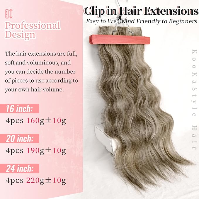 KooKaStyle Clip in Synthetic Hair Extensions Long Wavy 4PCS Thick Hairpieces Ash Brown mix Light Blonde Fiber Double Weft Natural Hair Extensions 20 Inch for Women