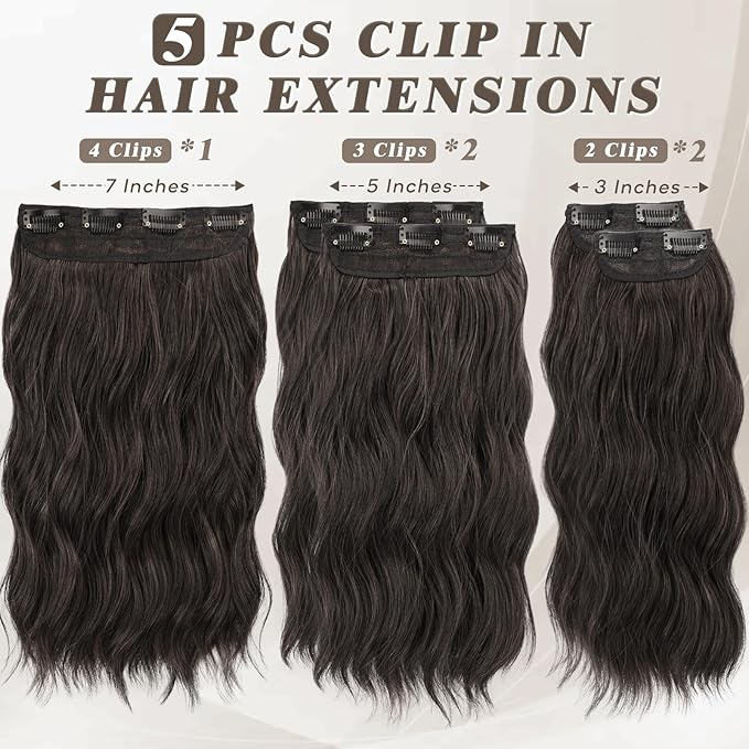 BARSDAR Short Wavy Clip in Hair Extensions - 14 Inch Dark Brown Hair Extensions Clip in for Women - 5PCs Thick Soft Synthetic Loose Wavy Clip in Hairpieces – Dark Brown Mixed
