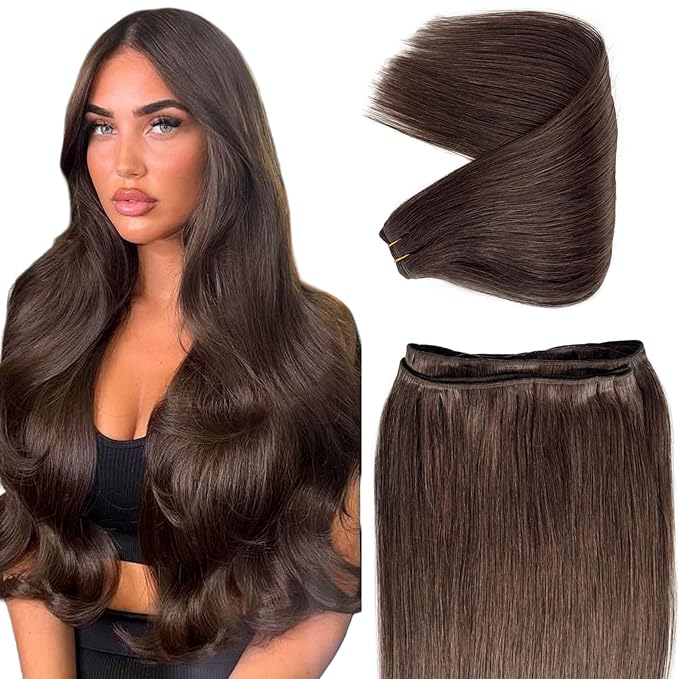 Dark Brown Sew in Hair Extensions Real Human Hair Bundle 20 Inch 100G Weft Hair Extensions Human Hair Soft Straight #2 Dark Brown Hair Bundles Sew in Real Remy Hair Wefts for Women