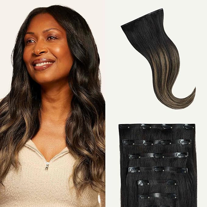Luxy 100% Remy Human Hair - Seamless Clip-In Hair Extensions - Multi-Dimensional Color for Natural Blending, Adds Volume & Length 180 grams 20" Off Black Bronde