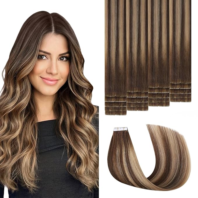 3rd-Generation Invisible Tape in Hair Extensions Real Human Hair #4/27/4 Chocolate Brown to Caramel Blonde 20pcs 45g 20inch Seamless Injection Hand-Tied Tape ins Extensions（#4/27/4a-20inch）