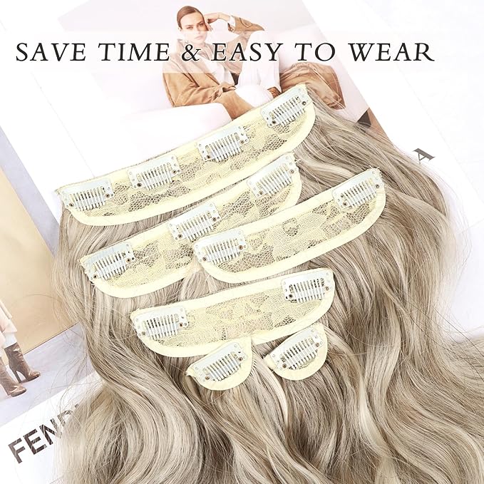NAYOO Clip in Hair Extensions for Women 14 Inch Short Wavy Curly Ash Brown Mix Platinum Blonde Hairpieces Full Head Synthetic Hair Hairpieces (6PCS, Ash Brown Mix Platinum Blonde)