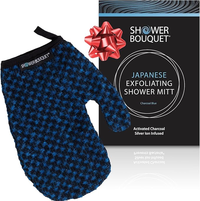 Japanese Exfoliating Mitt for Shower [1-Pack, Blue] - Charcoal & Silver Ion Exfoliating Glove - Gentle Exfoliation & Deep Cleansing Shower Mitt - Exfoliating Body Scrubber Glove, Soft Fabric Inside