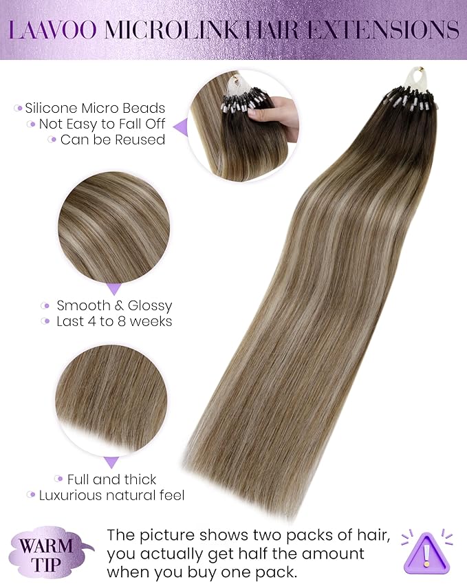LaaVoo MicroLink Hair Extension Human Hair Balayage Micro Hair Extensions Human Hair Brown Faded to Ash Brown Highlights Micro Beads Extensions Cold Fusion 16 In 50g 50s