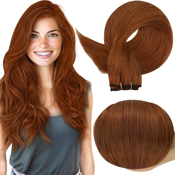 Full Shine Sew In Hair Extensions Real Human Hair Color Copper Human Hair Extensions Weft Human Hair For Women 16 Inch 100G Remy Straight Hair Weft