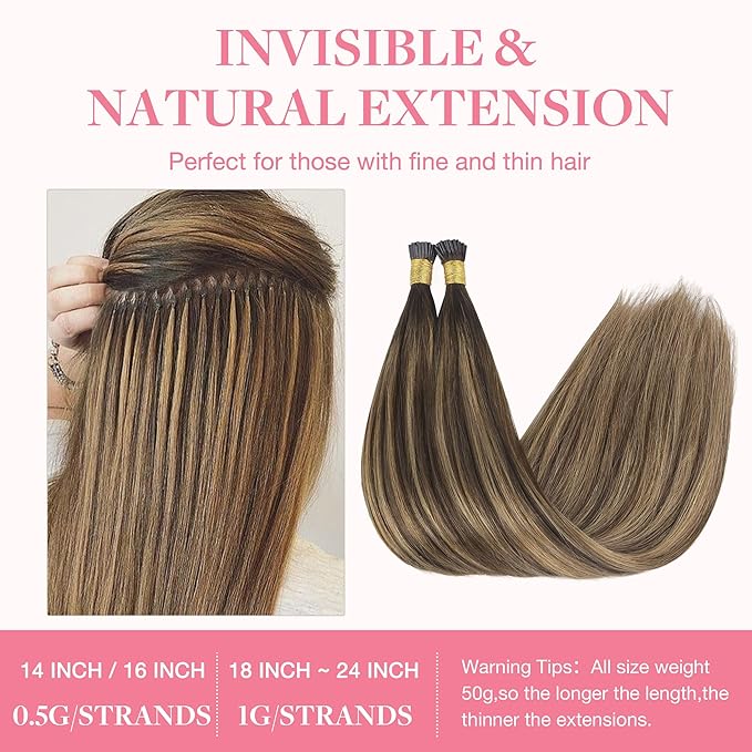 GOO GOO I Tip Hair Extensions, Real Human Hair, 14inch 50g 100S, Cold Fusion I Tip, Invisible Remy, 4D/14/5B Brunette Balayage