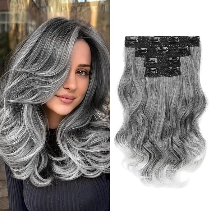HOOJIH Clip in Hair Extensions 4PCS 14" Short Curly Clip on Hair Extensions Invisible Lace Weft Natural Soft Hairpieces for Women - Grey with White Ends