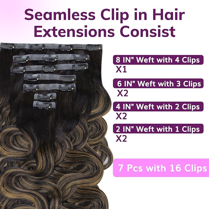IDN BEAUTY Seamless Clip In Hair Extensions Human Hair, Body Wave 20 Inch 110g 7pcs, 1B/6/1B Balayage Natural Black to Chestnut Brown Remy Hair Seamless Clip Ins For Black Women PU Invisible Edge