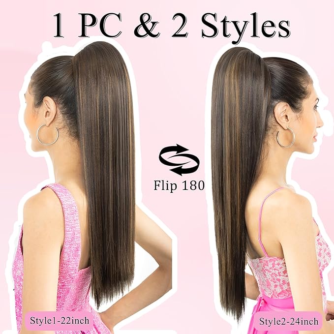 Ponytail Extension, 24" Long Straight Claw Clip Ponytail Extension clip on ponytails hair clip Hair claw clip Fake Ponytail Hairpieces for Women - Dark Brown with Blonde HL