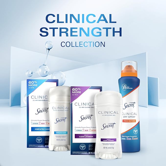 Secret Clinical Strength Antiperspirant Deodorant for Women, Stress Response, 3X Stress Protection, 72hr Sweat & Odor Protection, PH Balancing Minerals, Invisible Solid, 1.6 oz