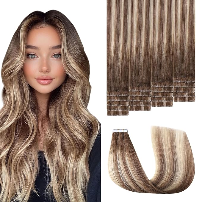 3rd-Generation Invisible Tape in Hair Extensions Real Human Hair #3/8/22 Walnut Brown to Ash Brown and Golden Blonde 20pcs 45g 20inch Injection Hand-Tied Tape ins Extensions（#3/8/22-20inch）