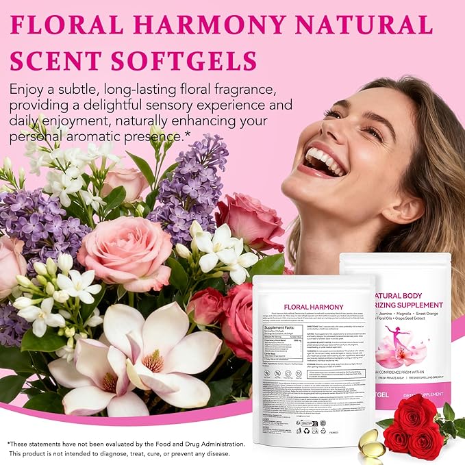 Body Deodorizing Supplement for Women – Body Odor Eliminator for Women & Internal Deodorant Pills for Daily Freshness Support with 5-Flower Essential Oil Blend – Grapeseed Oil Base, 120 Softgels