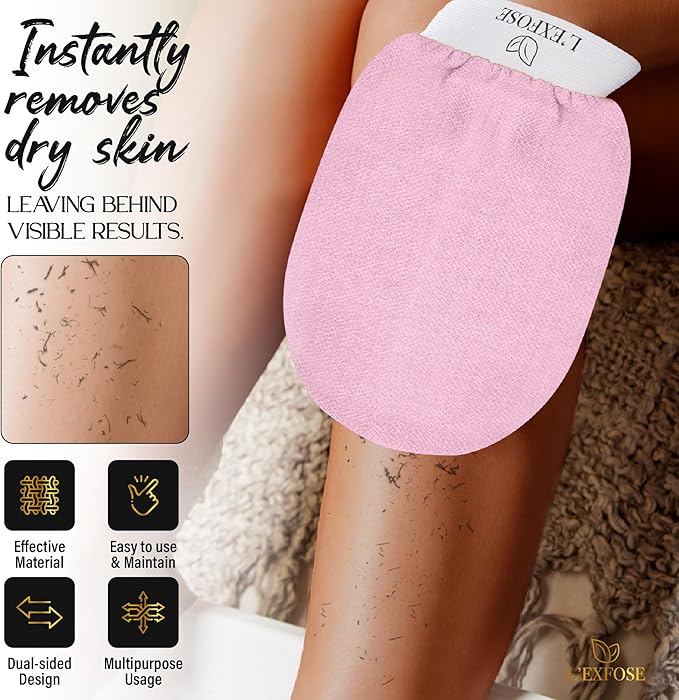 L'Exfose Kessa Hammam Deep Exfoliating Glove 4pc - Korean Exfoliating Mitt for Shower Ideal for Dead Skin Remover, Keratosis Pilaris & Self-Tanning to Improve Skin Tone Made with 100% Natural Viscose