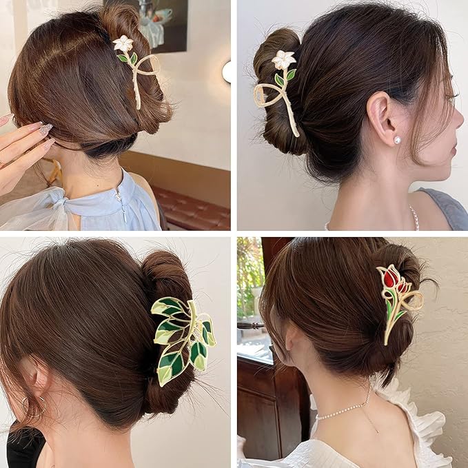 3-Piece Floral Metal Hair Accessories: Lily Leaves Tulip Barrettes, Strong Hold Non-Slip Hair Clamps for Thin/Medium Thick Hair
