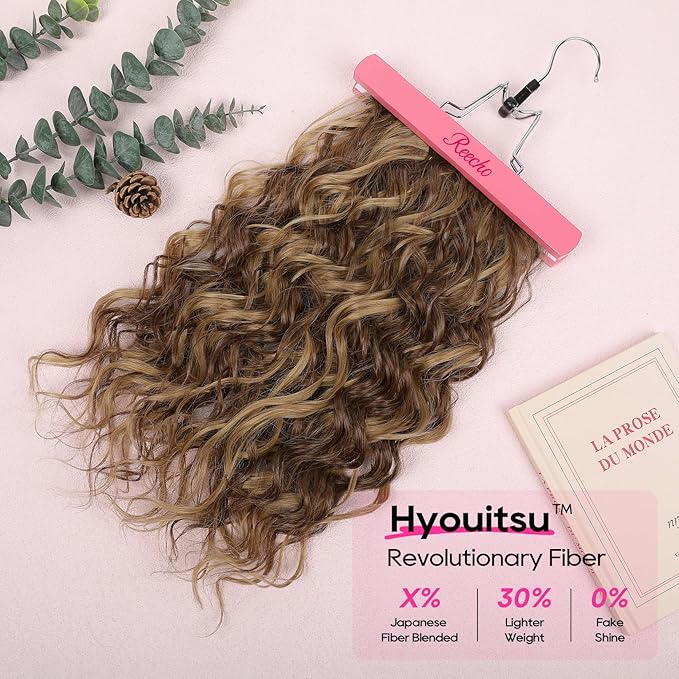 REECHO Curly Hair Extensions, 4PCS 16 inch Clip in Hair Extensions Lace Weft Short Curly Hair Extensions Clip Ins Invisible Natural Hairpieces for Women, Chocolate Brown with Highlights