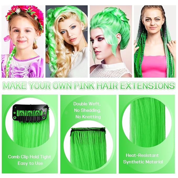 12 PCS Green Hair Extensions Clip in, 22" Colored Hair Extensions, Highlights Colorful Hair Piece DIY Hair Accessories on Daily Party