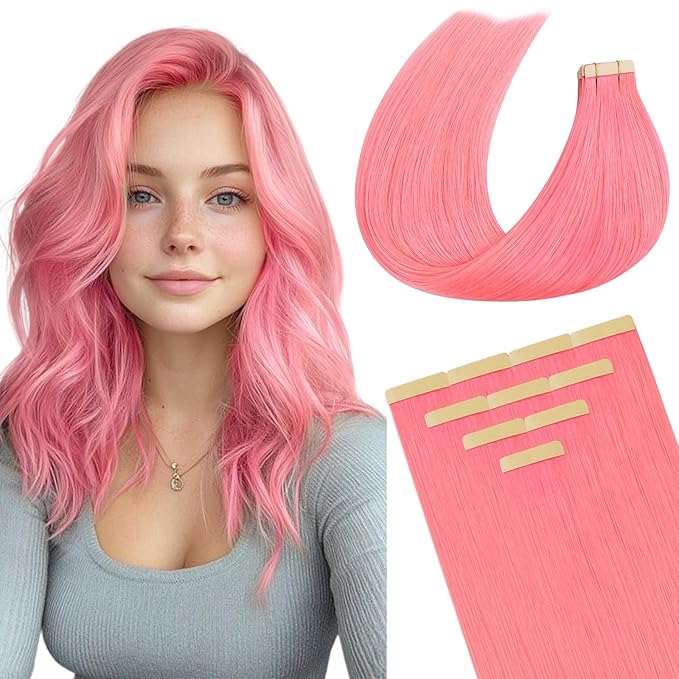 DOORES Human Hair Extensions Tape in, Peach Pink Tape ins 16 Inch 25g 10pcs, Tape in Hair Extensions Natural Remy Hair Extensions Straight Hair for Women