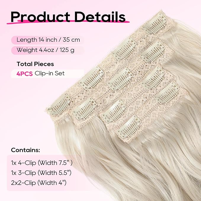 REECHO 14" Short Beach Wavy Hair Extensions - 4PCS Clip in Invisible Lace Weft Natural Soft Hairpieces for Women - Pearl Platinum