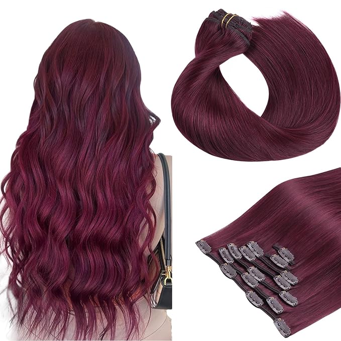 HOTBANANA Human Hair Clip in Hair Extensions, Burgundy 120g Clip in Hair Extensions Real Human Hair Straight Remy Hair 14 Inch 7pcs