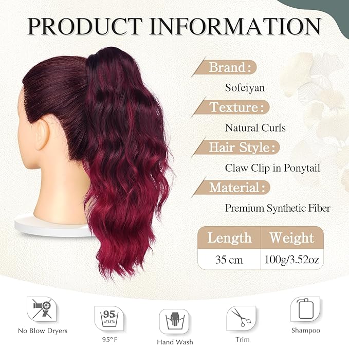 SOFEIYAN 14" Ponytail Extension, Short Wavy Claw Clip in Ponytail Hair Extension Synthetic Hairpieces Ash Brown & Bleach Blonde Layered Natural Fluffy Curly Drawstring Ponytail Hair Piece for Women