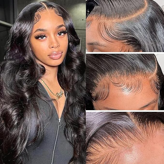 Aicrelery 34 Inch 13x6 HD Lace Front Wigs Human Hair Body Wave 13x6 Lace Frontal Wig Pre Plucked Bleached Knots With Baby Hair 180 Density Brazilian Human Hair Wigs for Women Natural Black