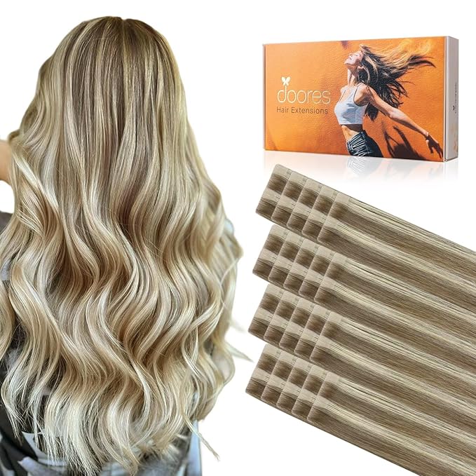 DOORES Invisi Edge Hair Extensions Tape in, Light Brown Highlighted Medium Blonde 10 Injection Tape-ins with 10 Injection Tape-ins 50g 20 Inch, Injected Tape in Virgin Human Hair