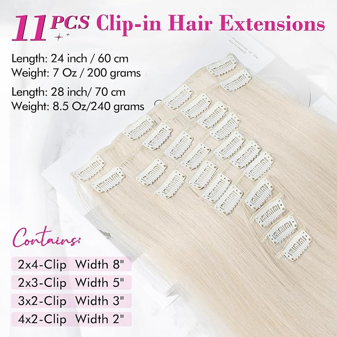 REECHO Hair Extensions, 11PCS Clip in Hair Extensions 28" Long Straight hair extensions HE005 Natural Soft Synthetic Hairpieces for Women Platinum Blonde
