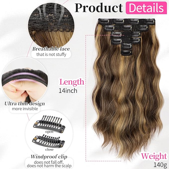 KooKaStyle Short Hair Extensions 6PCS 14 Inch Wavy Curly Hairpieces Synthetic Soft Lace Weft Clip in Hair Extensions-Balayage Chocolate Brown to Caramel Blonde for Women