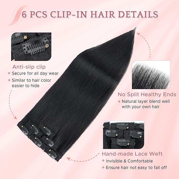 SEGO Clip In Short Hair Extensions Real Human Hair Single 6 Pcs Individual Clip Ins Remy Straight Soft Seamless Hairpieces for Women -10 Inch #01 Jet Black