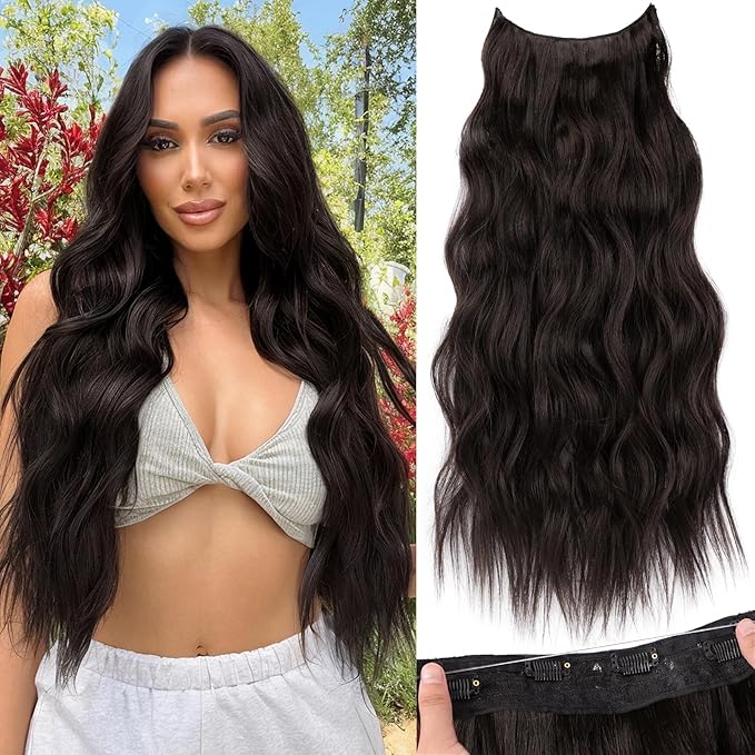 KooKaStyle Invisible Wire Hair Extensions with Transparent Wire Headband Adjustable Size 4 Secure Clips Long Wavy Synthetic Hairpiece for Women (24 Inch Rich Dark Brown with Warm Tones/6#)