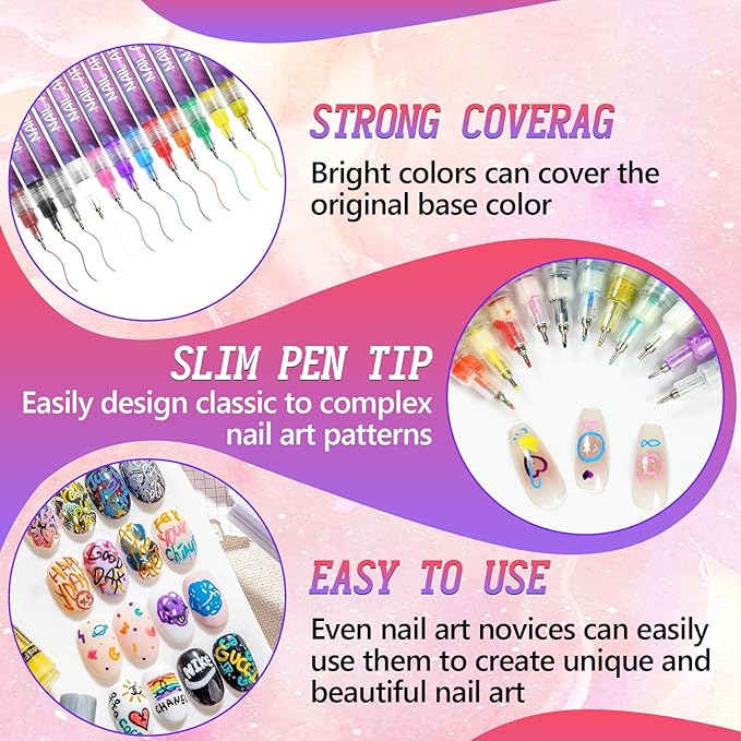 12 Colors Nail Art Pens Set,Fine Tips 3d Nail Art Pens 3d Quick-Dry 0.5mm Nail Polish Pens,Diy Nail Art Marker Graffiti Dotting Pen For Nails Art Design Manicure Nail Diy Decoration