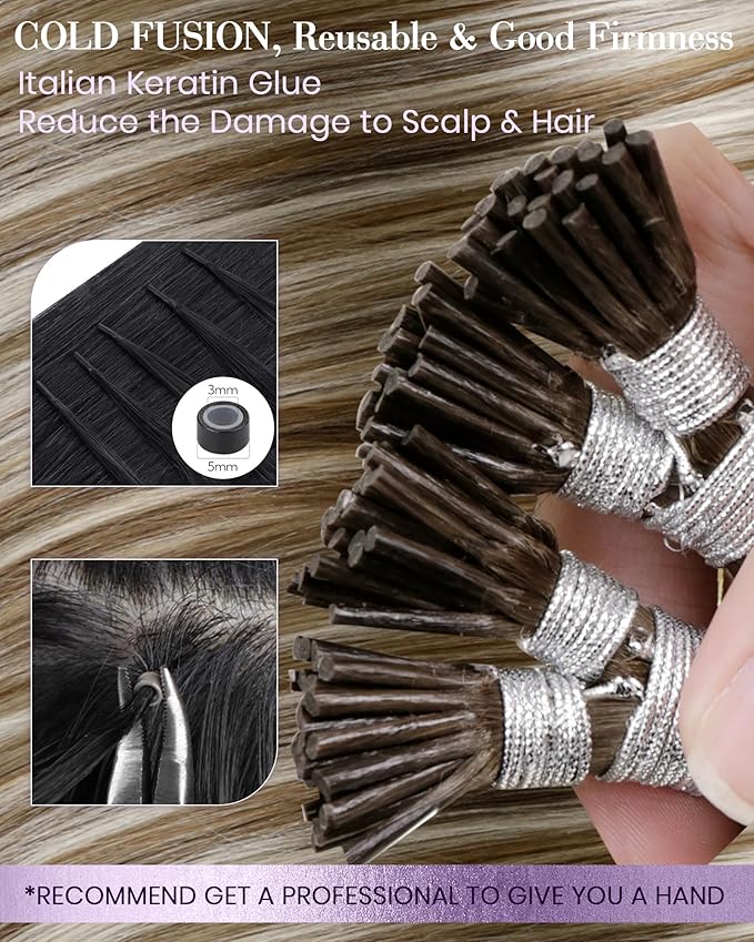LaaVoo Itip Human Hair Extensions I Tips Hair Extensions Real Human Hair Platinum Blonde Mix Medium Brown 20 Inch 50g/50s