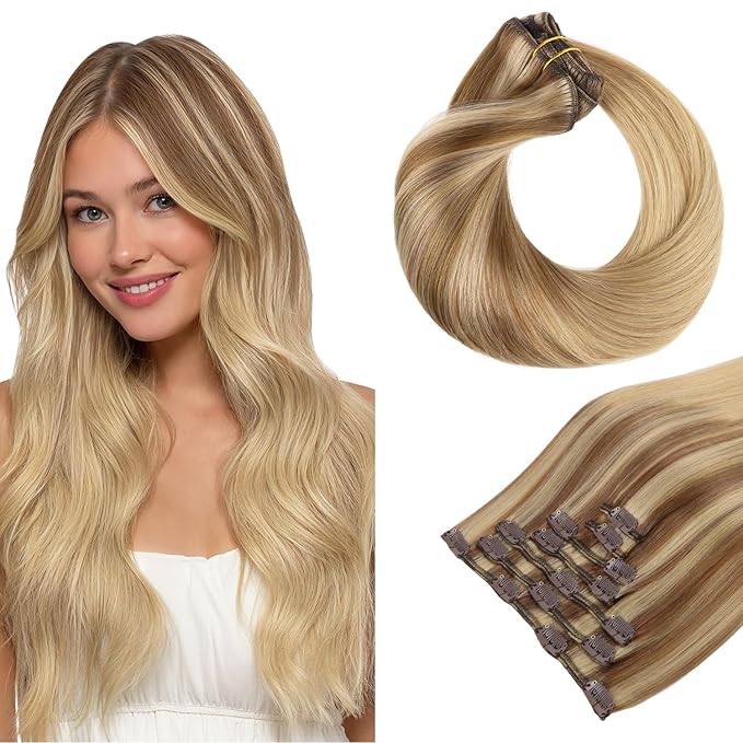 HOTBANANA Human Hair Clip in Hair Extensions, Balayage Coffee Brown Highlighted Sandy Blonde 120g Clip in Hair Extensions Real Human Hair Straight Remy Hair 24 Inch 7pcs