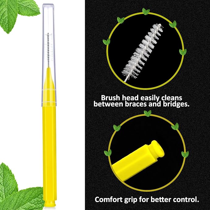 Patelai 100 Pieces Braces Brush for Cleaner Interdental Brush Toothpick Dental Tooth Flossing Head Oral Dental Hygiene Flosser Toothpick Cleaners Tooth Tool(Yellow,Portable Size)