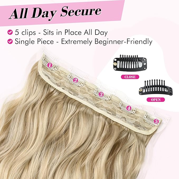 REECHO Clip in Hair Extensions, 20” One Piece Hair Extension Clip in Wefts Long Thick Beach Wavy Natural Soft Synthetic Hairpieces for Women, Dark Ash Blonde