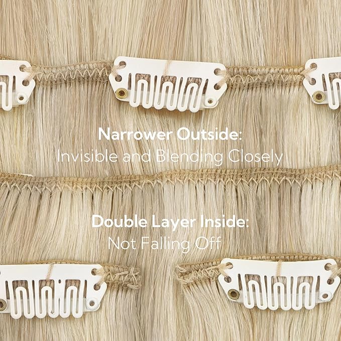HOTBANANA Clip in hair Extensions, Ash Blonde Highlighted Platinum Blonde 5pcs Clip in Hair Extensions Real Human Hair Straight Remy Hair Extensions 16inch 85g